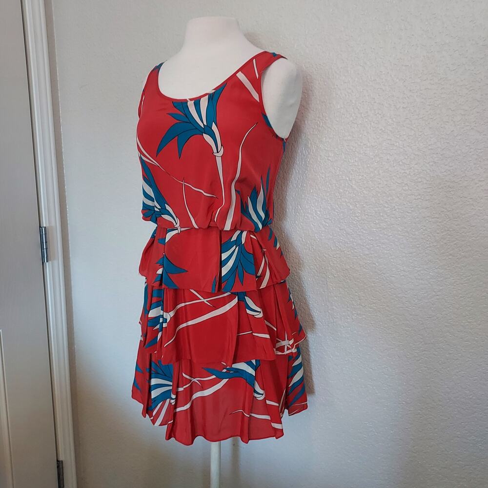Sariah 100% Silk Red Palm Print Sleeveless Layered Dress Size 4 - Picture 4 of 13